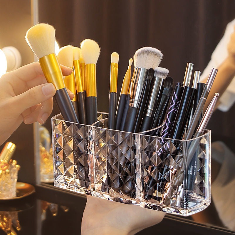 Acrylic Makeup Brush Holder with Diamond Pattern and Three Compartments for Pens Eyebrow Pencils and Lipstick