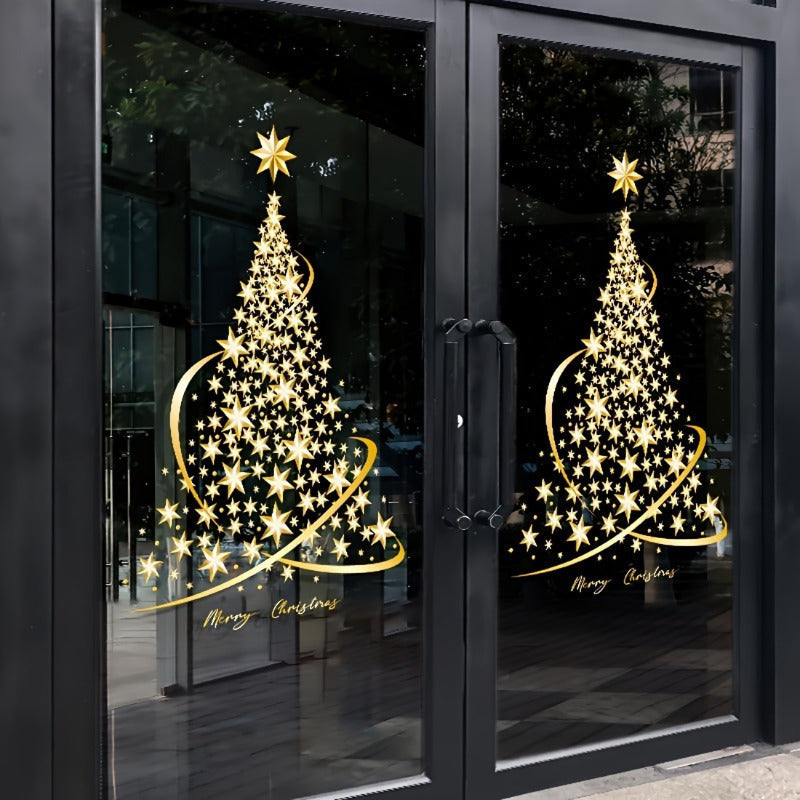 Adhesivos de ventana de árbol de Navidad dorado, decoraciones reutilizables de pelar y pegar para puertas de vidrio