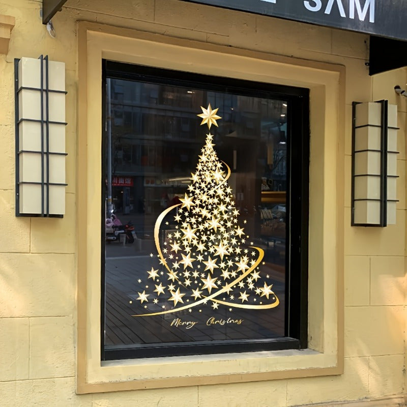 Gold Christmas Tree Window Clings Reusable Peel and Stick Decor for Glass Doors