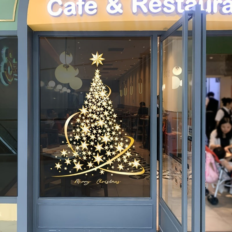 Gold Christmas Tree Window Clings Reusable Peel and Stick Decor for Glass Doors