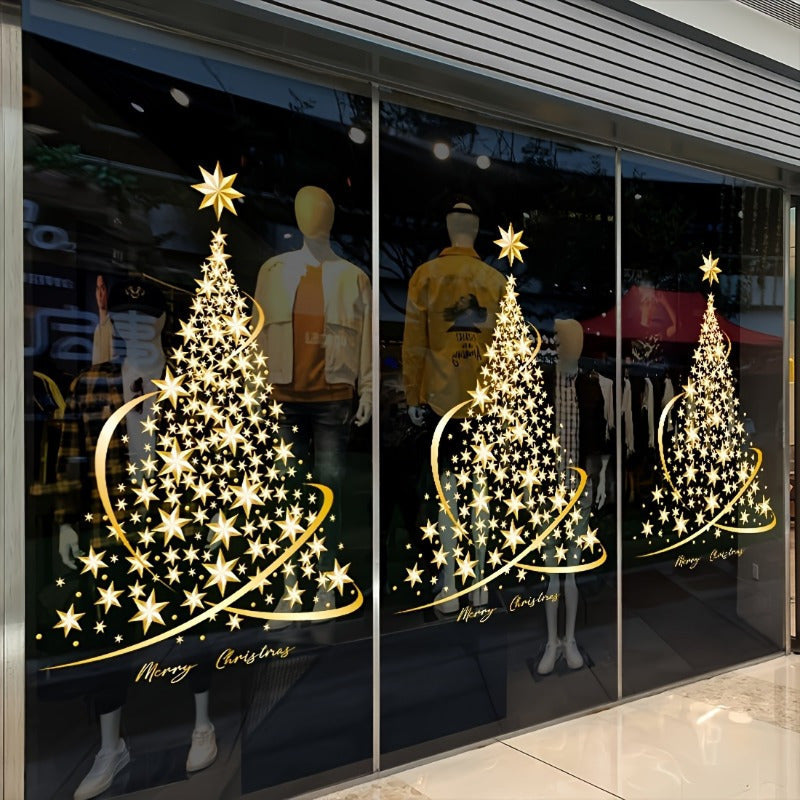 Adhesivos de ventana de árbol de Navidad dorado, decoraciones reutilizables de pelar y pegar para puertas de vidrio