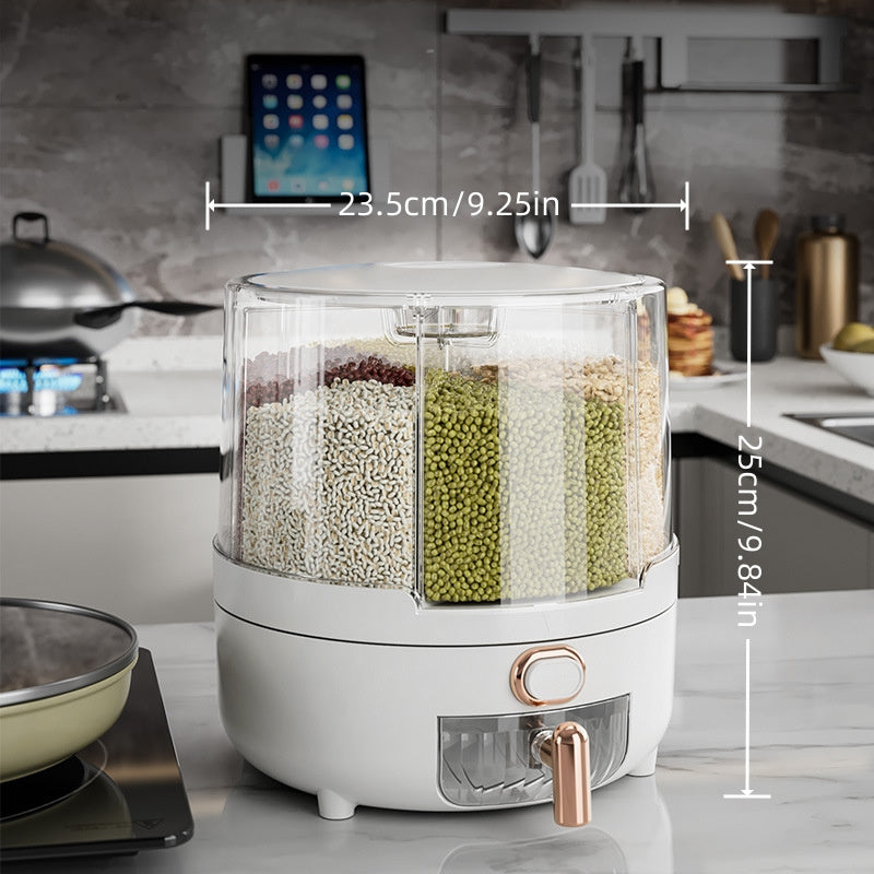 6-Compartment Rotating Food Storage Container for Rice and Grains Airtight Moisture-Proof