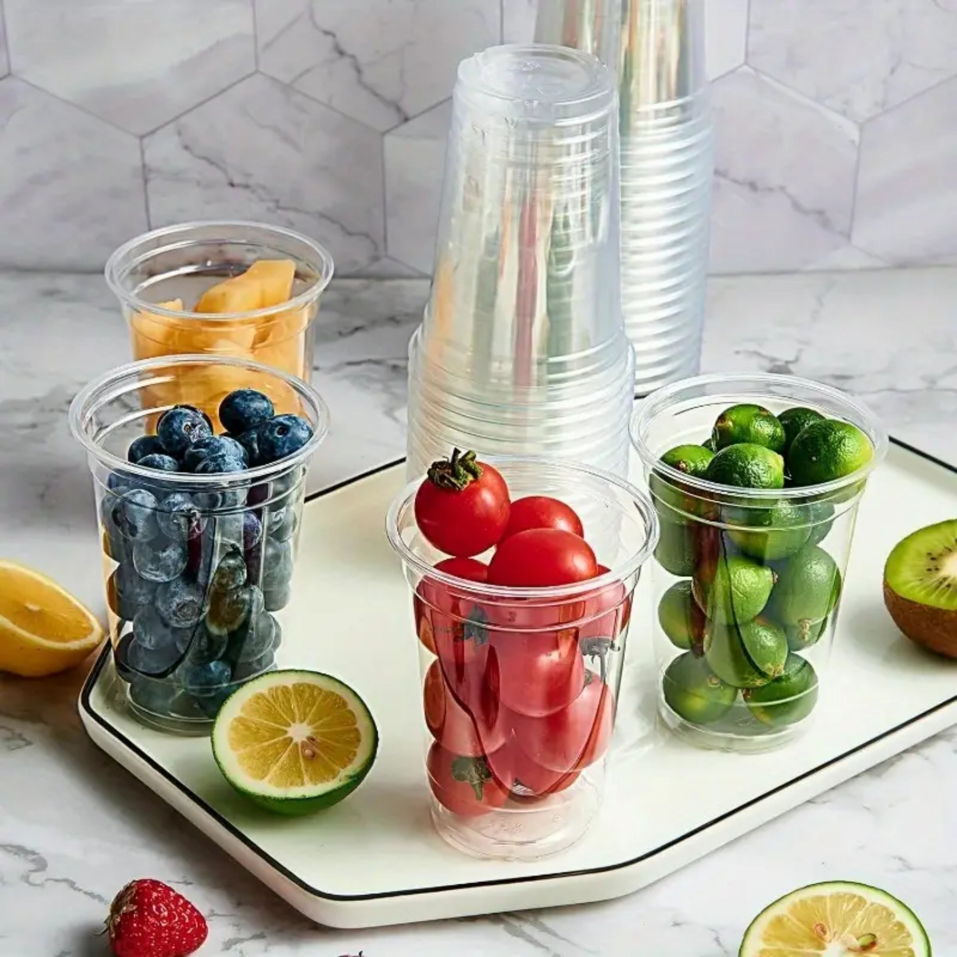 Pack de 50 vasos de plástico desechables transparentes con tapas para fiestas y picnics