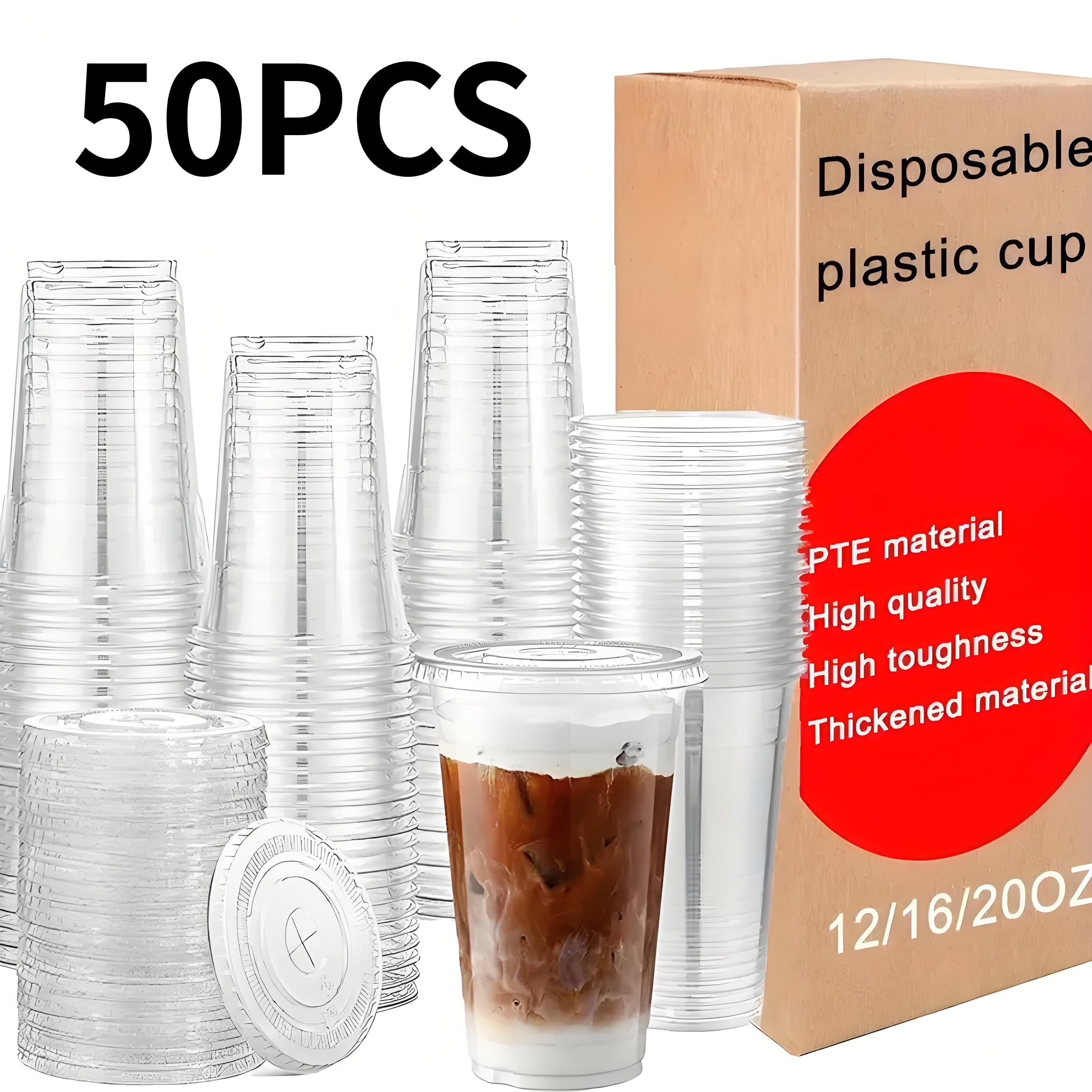 Pack de 50 vasos de plástico desechables transparentes con tapas para fiestas y picnics