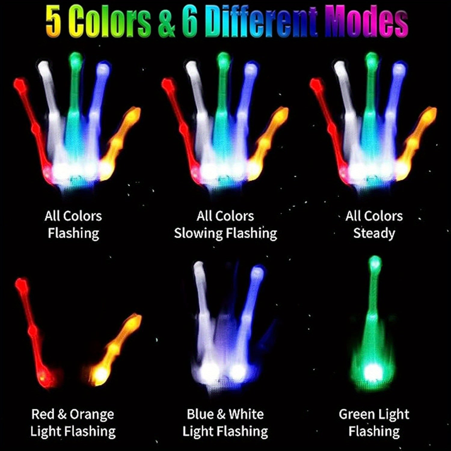 LED Light-Up Gloves for Parties Halloween Christmas 5 Colors 6 Modes Durable Nylon