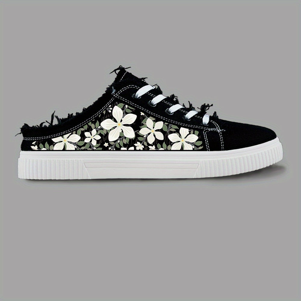 Women's Floral Print Skate Sneakers Black and White Casual Lace-Up Shoes