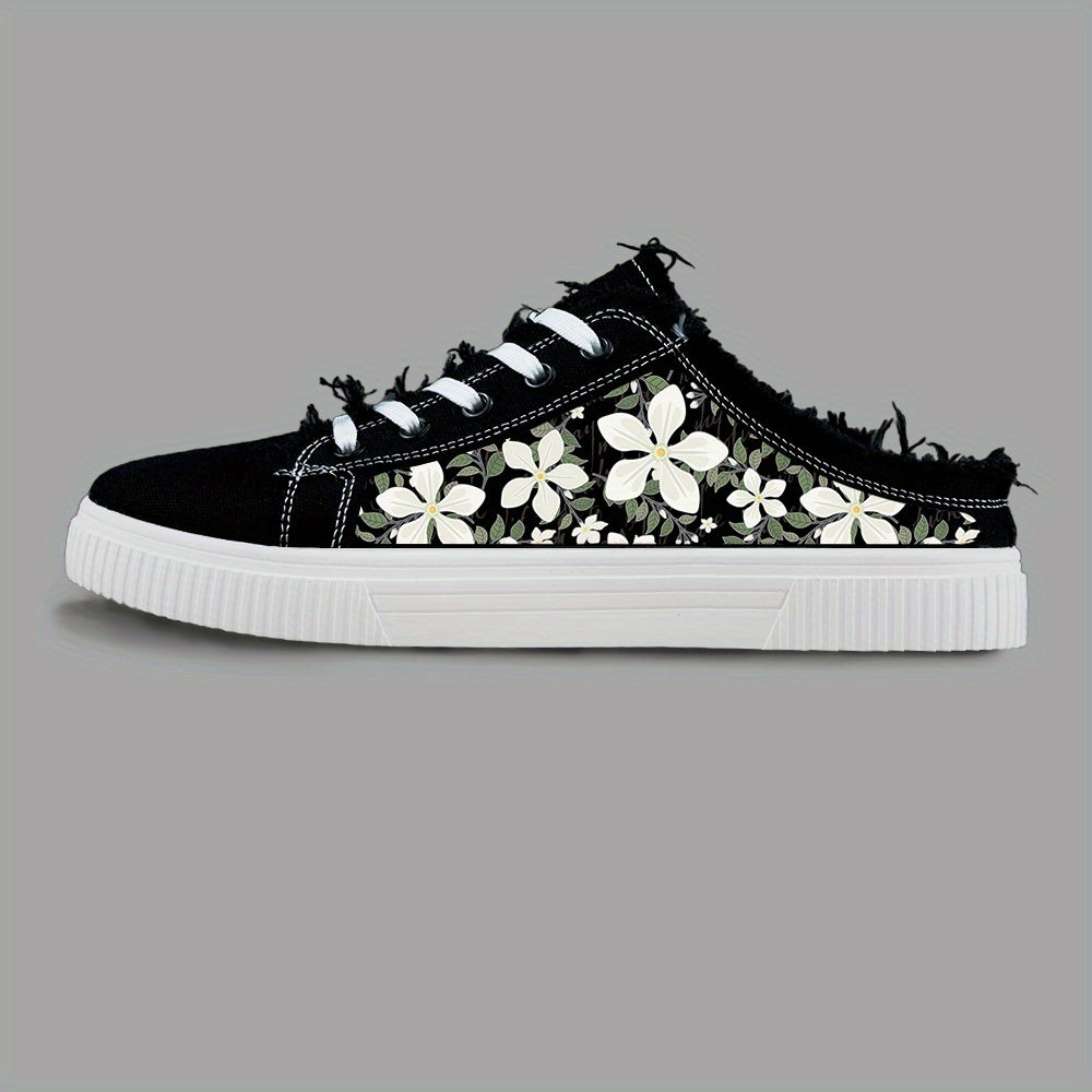 Women's Floral Print Skate Sneakers Black and White Casual Lace-Up Shoes