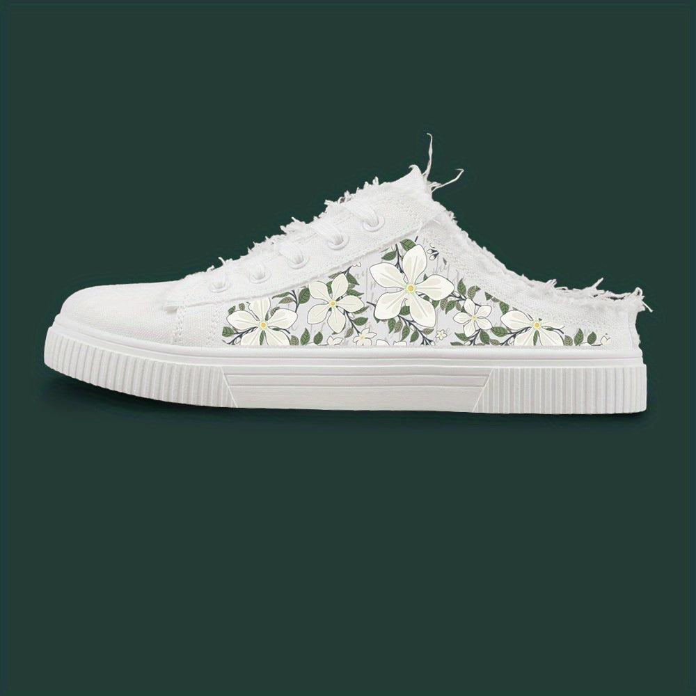 Women's Floral Print Skate Sneakers Black and White Casual Lace-Up Shoes