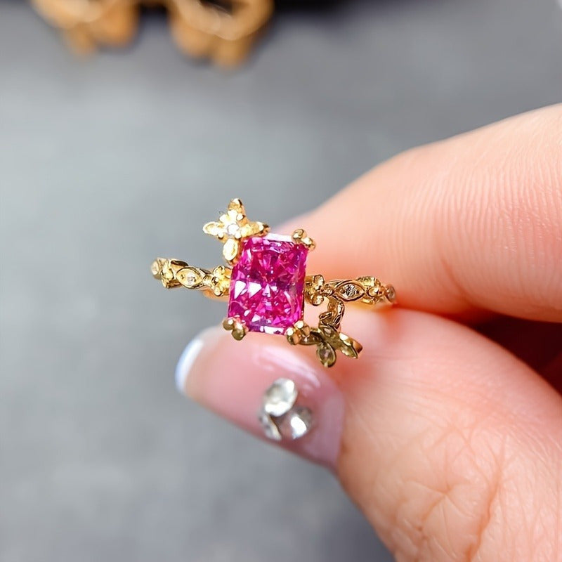 Anillo de moissanita rosa de 1ct, plata de ley, chapado en oro de 18K, diseño floral, hipoalergénico