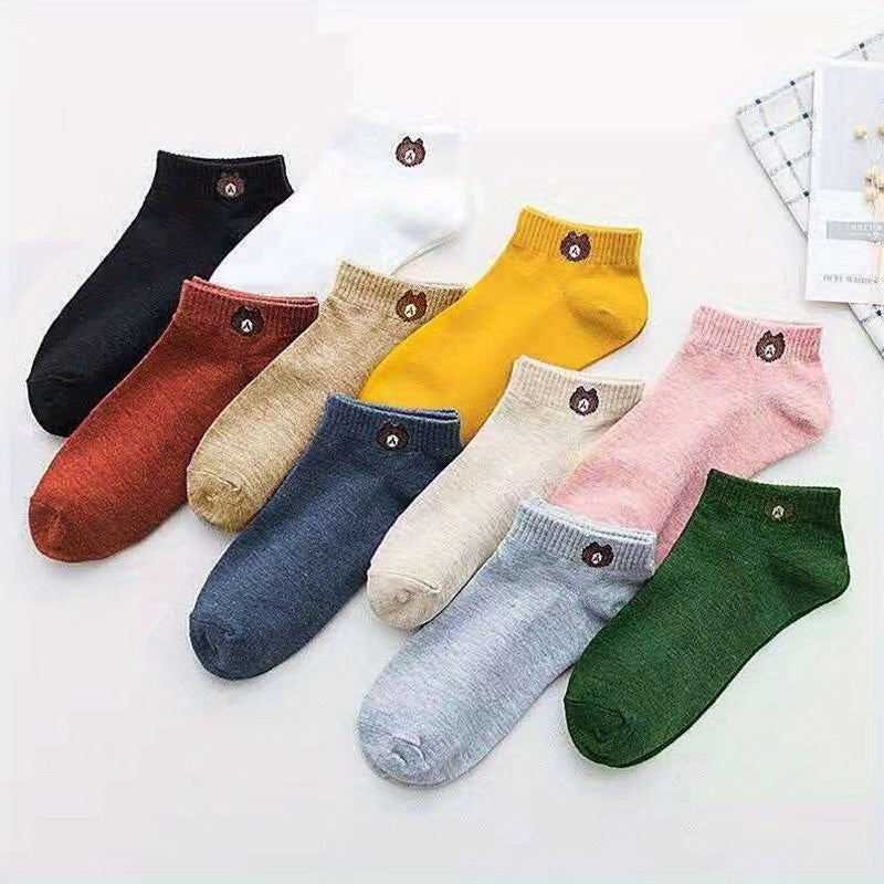 10 Pairs Women's Knit Ankle Socks with Cartoon Bear Design for Spring Autumn Outdoor Sports