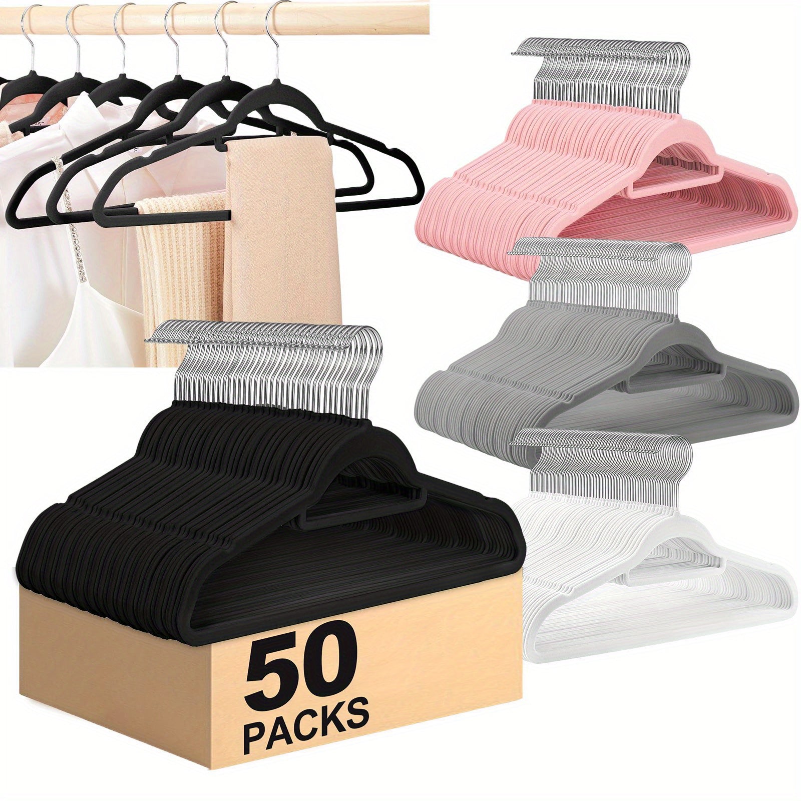 50-Pack Velvet Hangers with Tie Bar Non-Slip Flocked Felt for Coats Pants Dresses and Suits