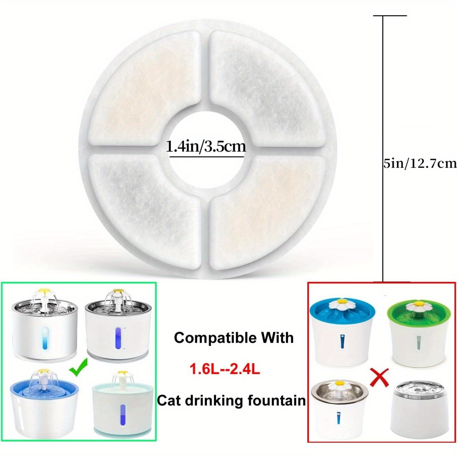 81oz/2.4L doira shaklidagi avtomatik uy hayvonlari suv manbai uchun 3 ta filtr to'plami, almashtirish filtri uchun faol uglerod bilan.