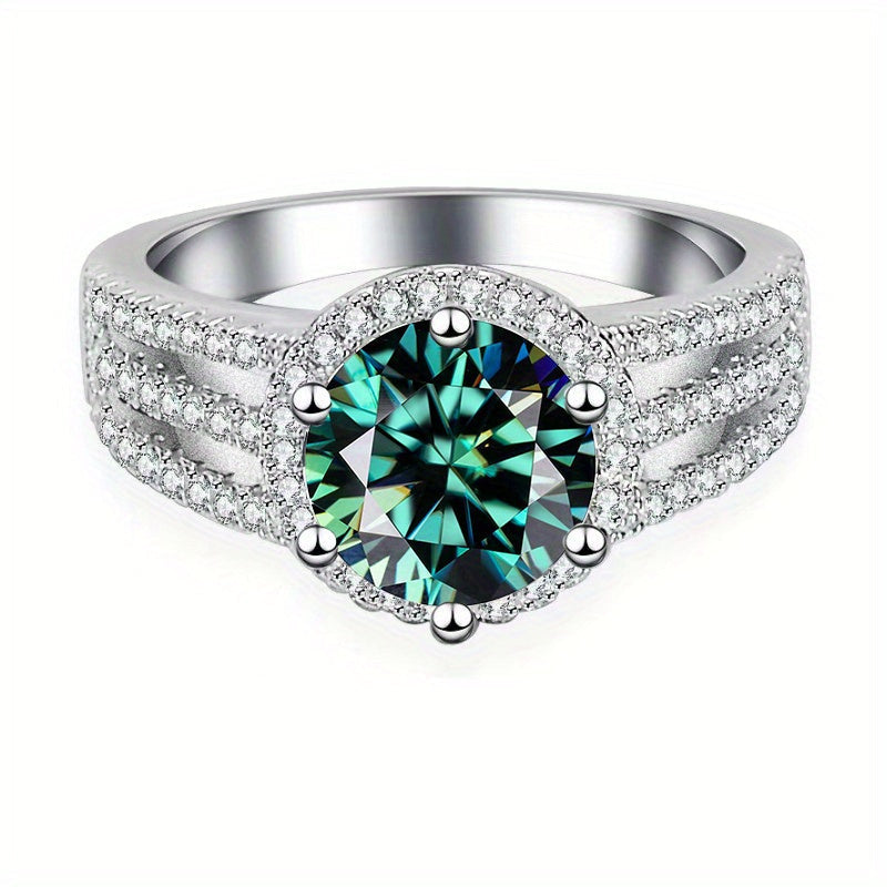 Sterling Silver Ring with Green Moissanite 2 Carat 18K Gold Plated Wedding Band