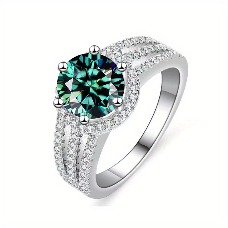 Sterling Silver Ring with Green Moissanite 2 Carat 18K Gold Plated Wedding Band
