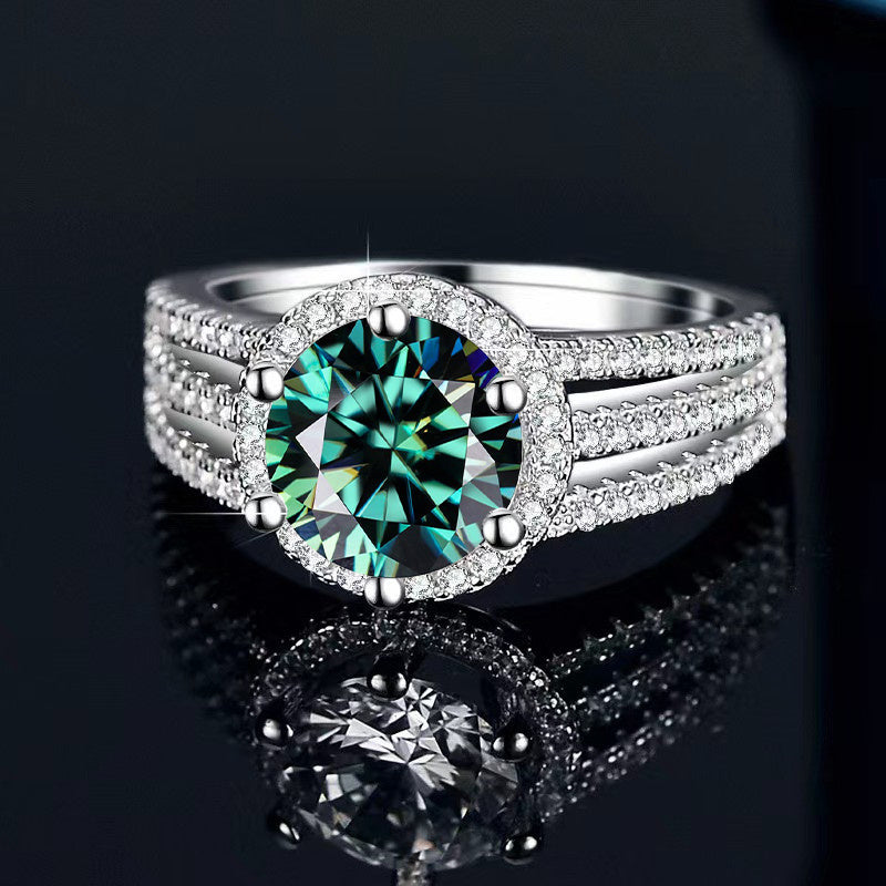 Sterling Silver Ring with Green Moissanite 2 Carat 18K Gold Plated Wedding Band