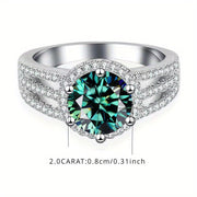 Sterling Silver Ring with Green Moissanite 2 Carat 18K Gold Plated Wedding Band