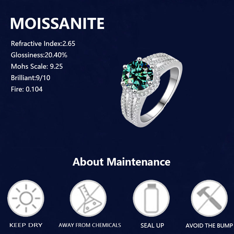 Sterling Silver Ring with Green Moissanite 2 Carat 18K Gold Plated Wedding Band