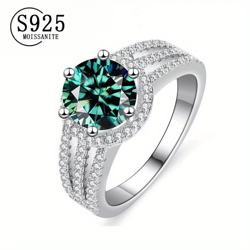 Sterling Silver Ring with Green Moissanite 2 Carat 18K Gold Plated Wedding Band