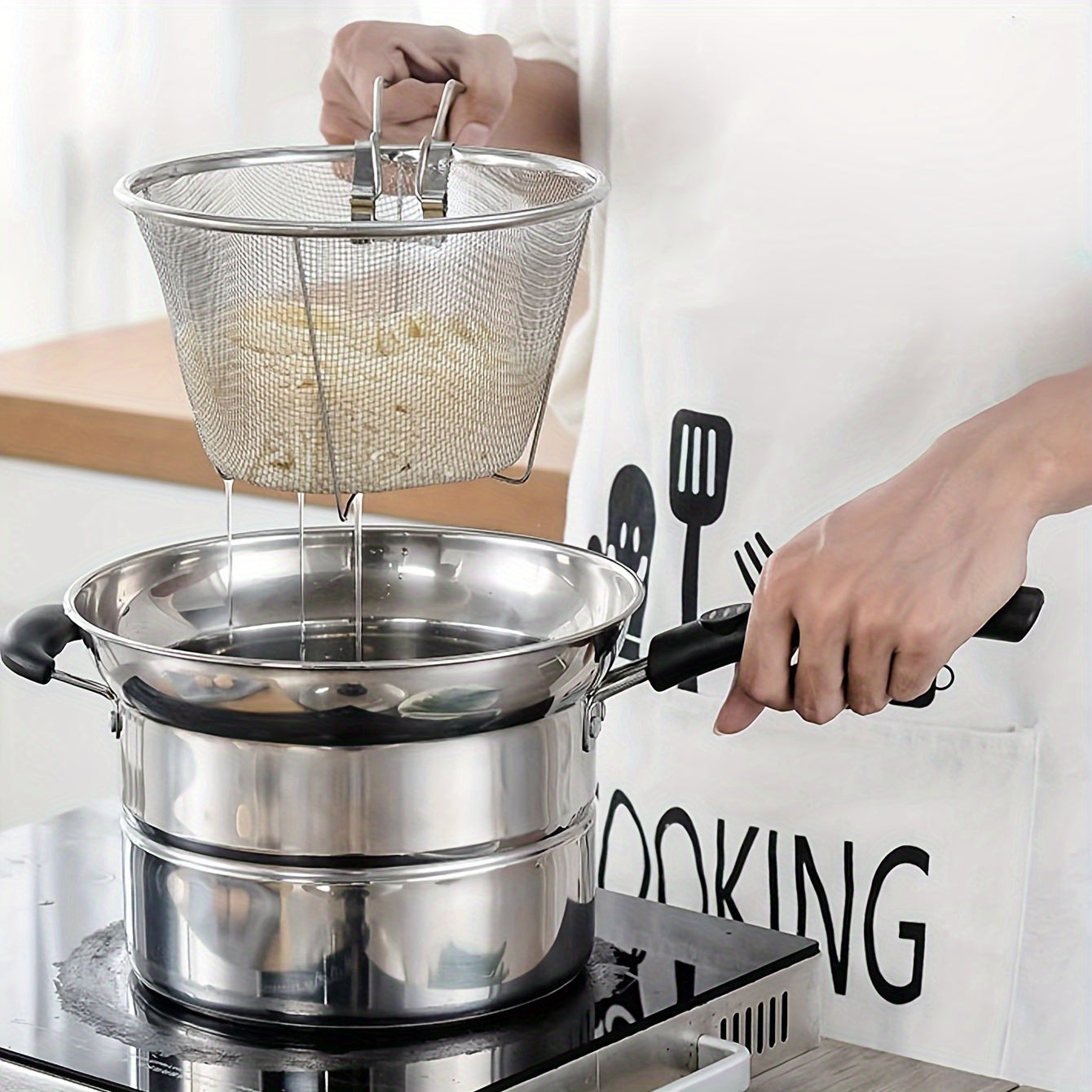 Cesta de acero inoxidable para freír con asa, colador plegable para cocinar y freír