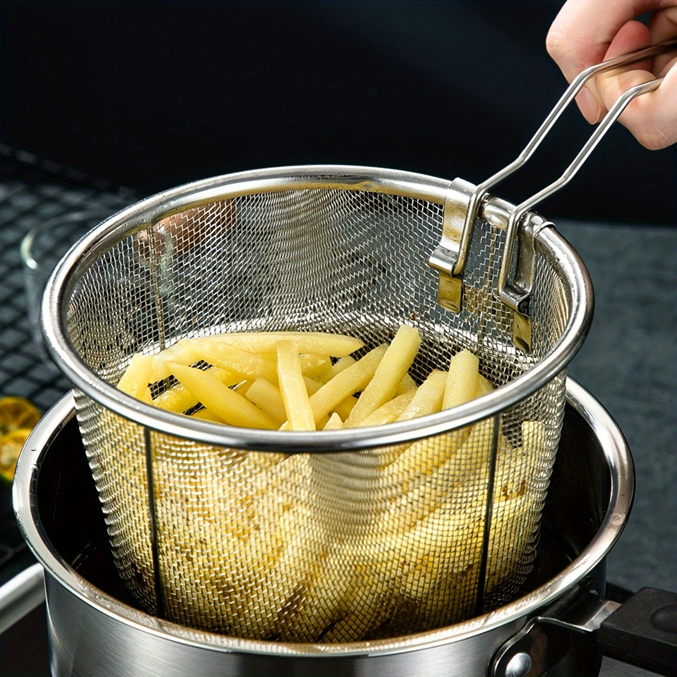 Cesta de acero inoxidable para freír con asa, colador plegable para cocinar y freír