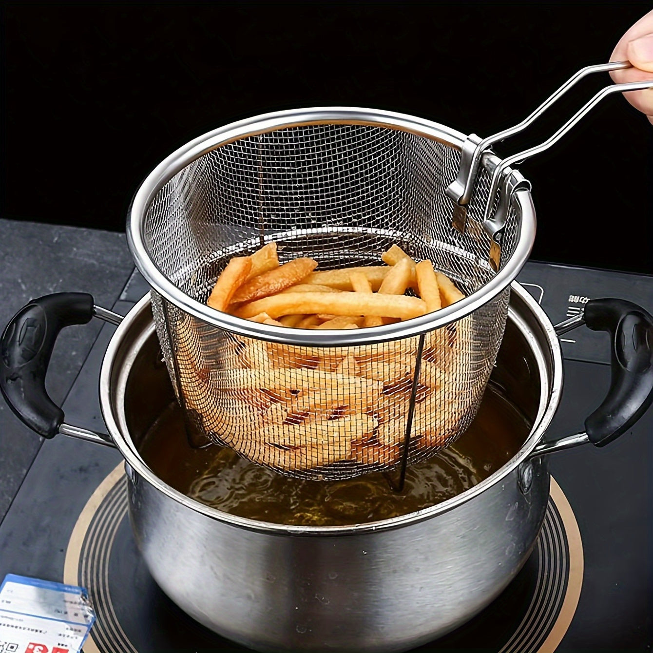 Cesta de acero inoxidable para freír con asa, colador plegable para cocinar y freír