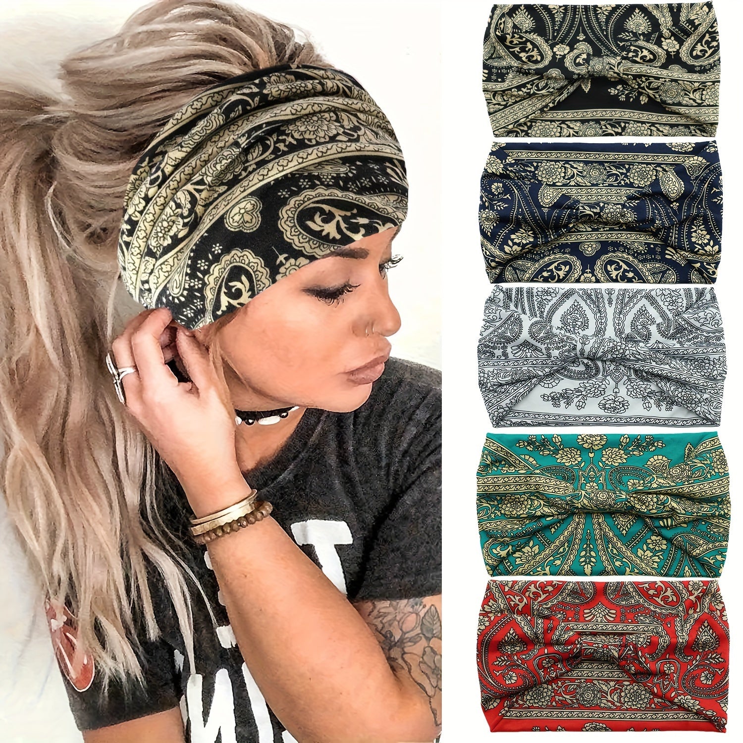 Set of 4 Ethnic Paisley Headscarves for Women Yoga Hair Accessories Autumn Winter