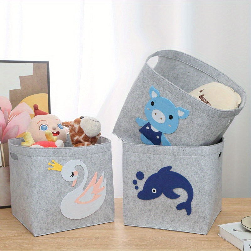 Cubo de almacenamiento plegable de fieltro con animales y asas para niños, ideal para organizar y decorar estanterías