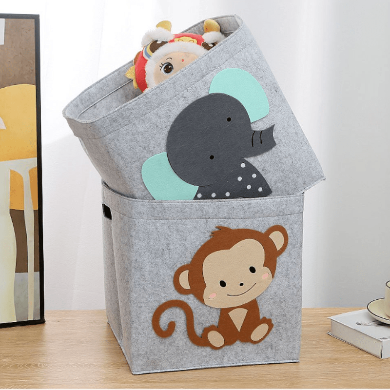 Cubo de almacenamiento plegable de fieltro con animales y asas para niños, ideal para organizar y decorar estanterías