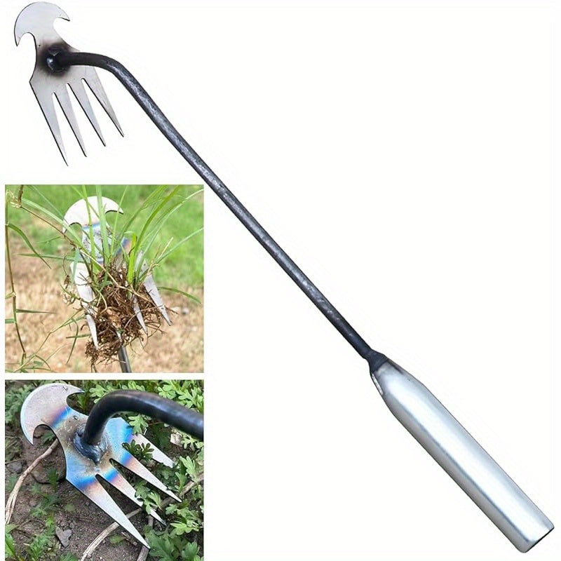 Metal Garden Weeding Tool with 4-Prong Curved Design for Narrow Spaces