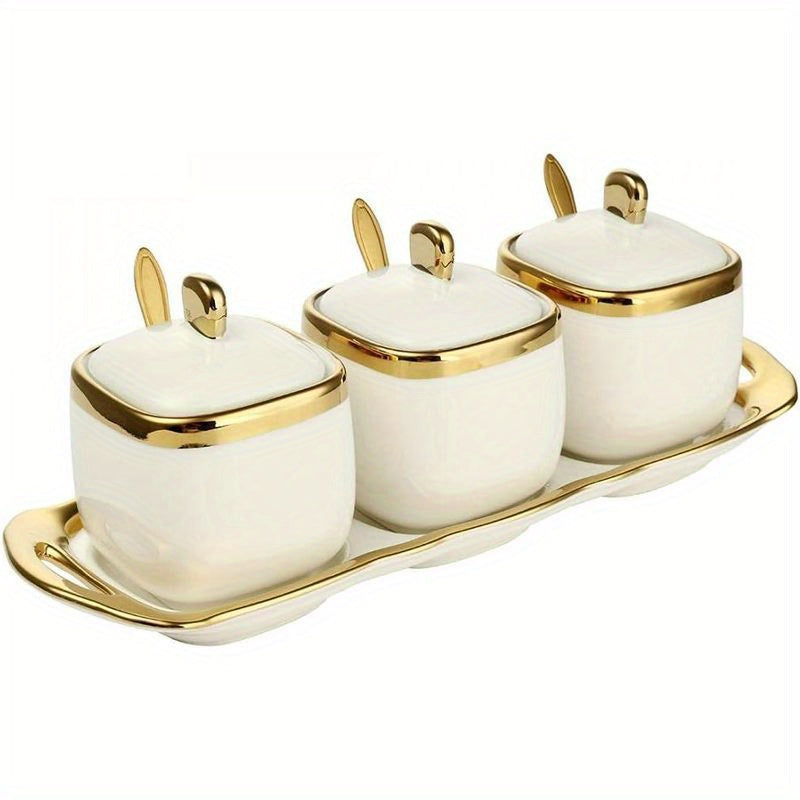 Juego de 3 frascos de porcelana para condimentos con tapas para especias, azúcar y condimentos