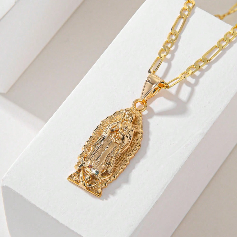 Vintage-Inspired Religious Pendant Necklace Stainless Steel Synthetic Zirconia February Birthstone Gift