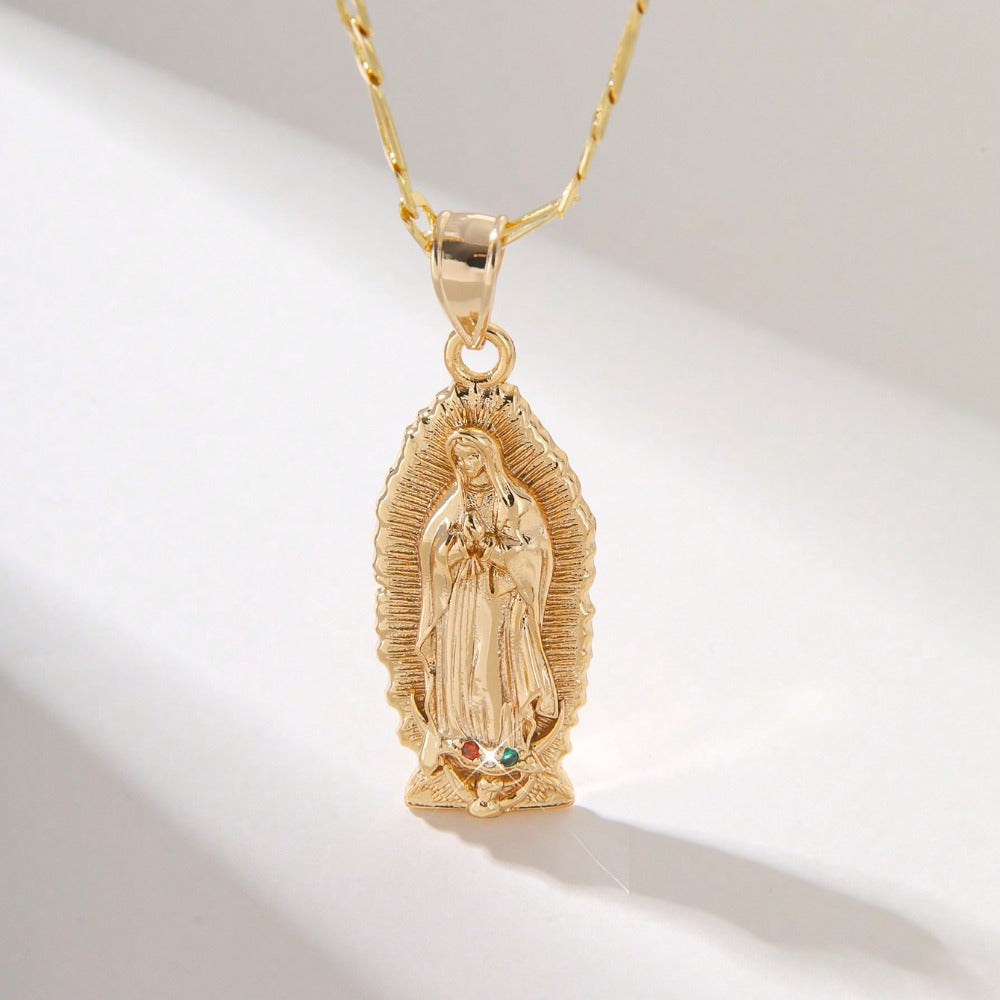 Vintage-Inspired Religious Pendant Necklace Stainless Steel Synthetic Zirconia February Birthstone Gift