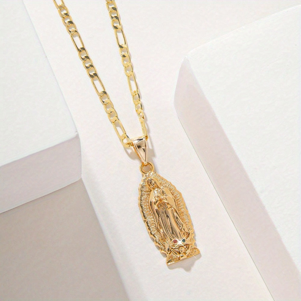 Vintage-Inspired Religious Pendant Necklace Stainless Steel Synthetic Zirconia February Birthstone Gift