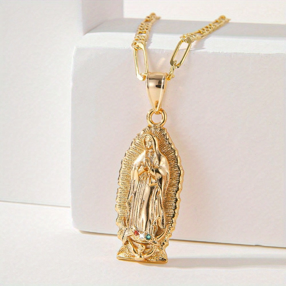 Vintage-Inspired Religious Pendant Necklace Stainless Steel Synthetic Zirconia February Birthstone Gift