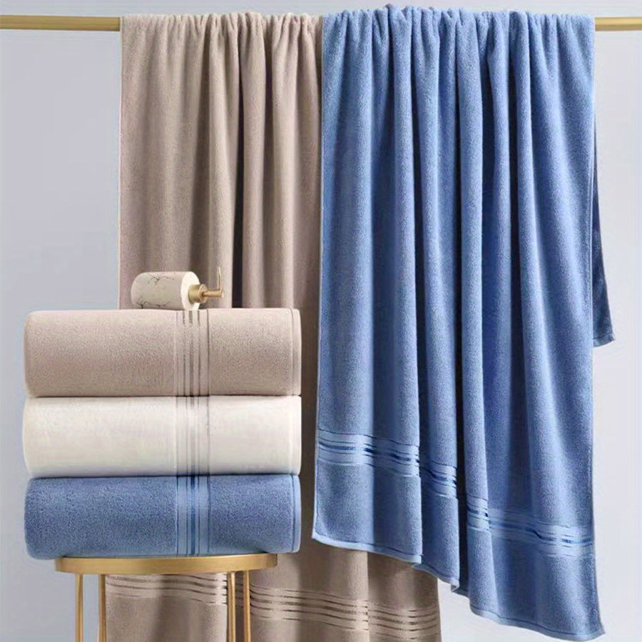 Oversized Cotton Bath Towel Beige and Blue Striped Soft Absorbent Spa Home Use