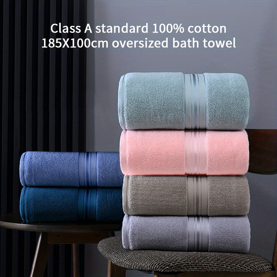 Oversized Cotton Bath Towel Beige and Blue Striped Soft Absorbent Spa Home Use