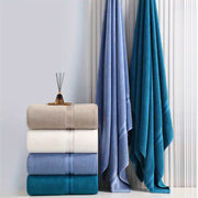 Oversized Cotton Bath Towel Beige and Blue Striped Soft Absorbent Spa Home Use