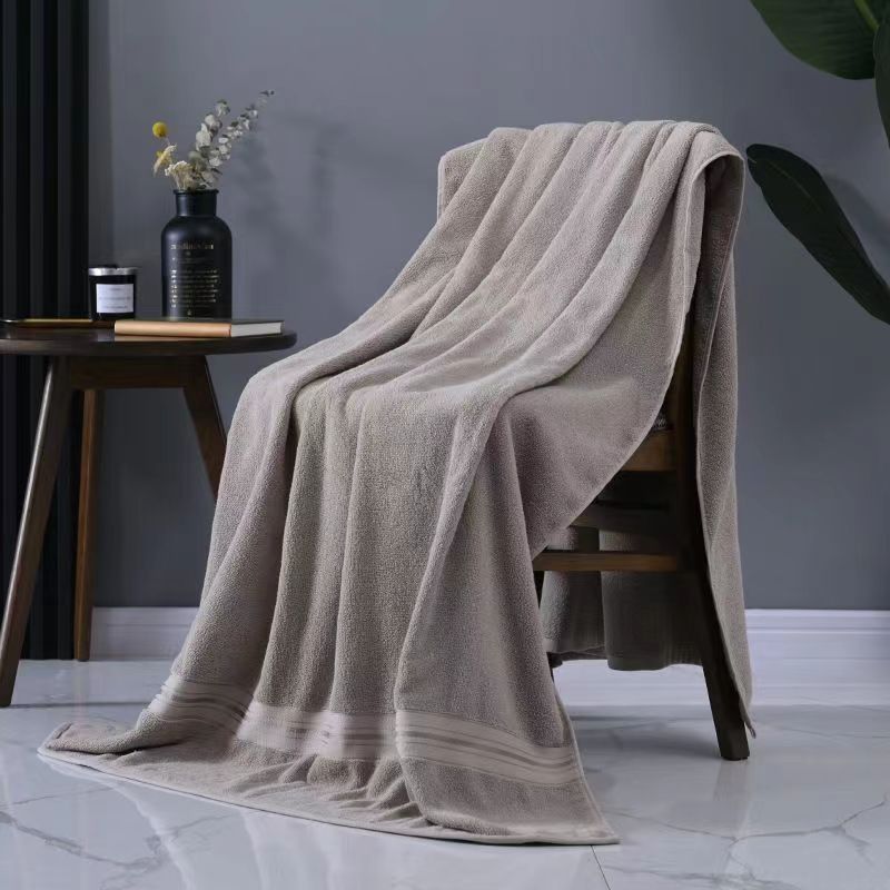 Oversized Cotton Bath Towel Beige and Blue Striped Soft Absorbent Spa Home Use