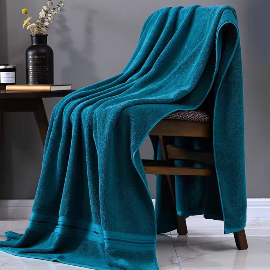 Oversized Cotton Bath Towel Beige and Blue Striped Soft Absorbent Spa Home Use