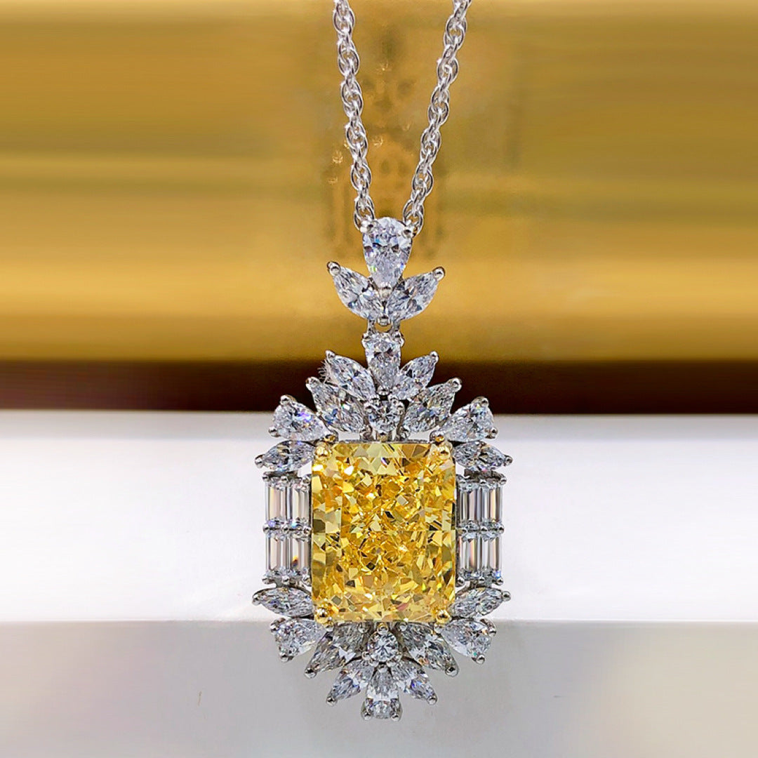 Sterling Silver Pendant Necklace with Yellow Synthetic Gemstone and Cubic Zirconia
