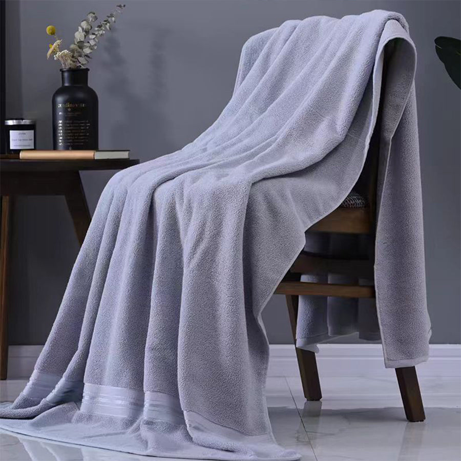 Oversized Cotton Bath Towel Beige and Blue Striped Soft Absorbent Spa Home Use
