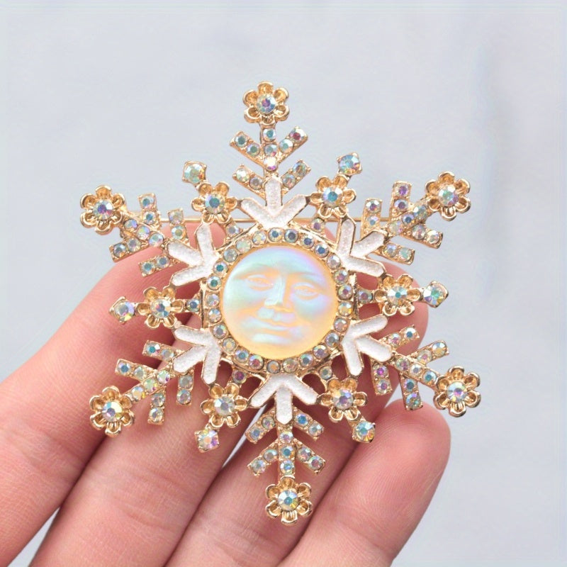 Snowflake Brooch with Sun and Moon Design Rhinestones Enamel for Winter and Autumn