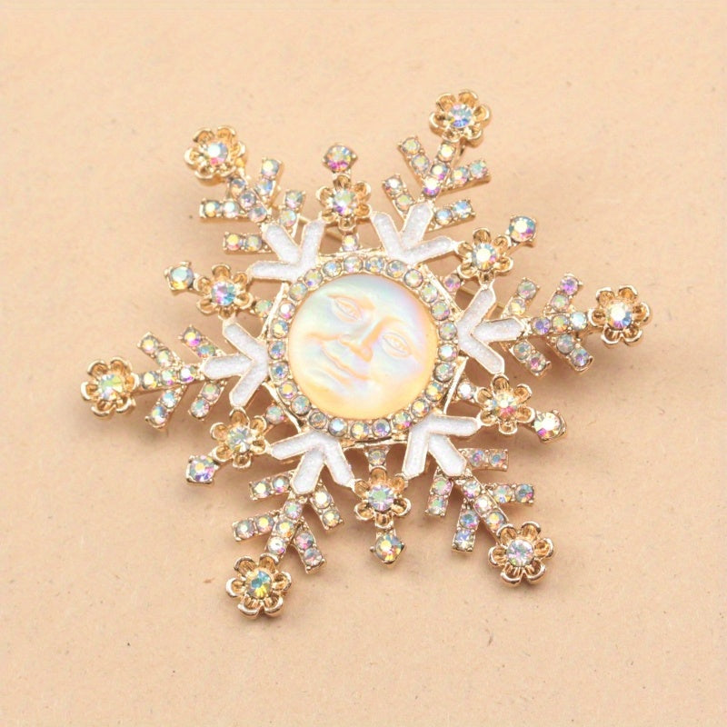 Snowflake Brooch with Sun and Moon Design Rhinestones Enamel for Winter and Autumn
