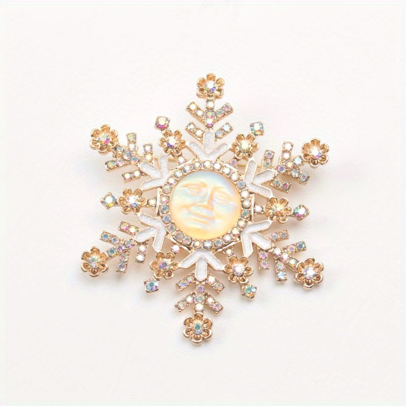 Snowflake Brooch with Sun and Moon Design Rhinestones Enamel for Winter and Autumn