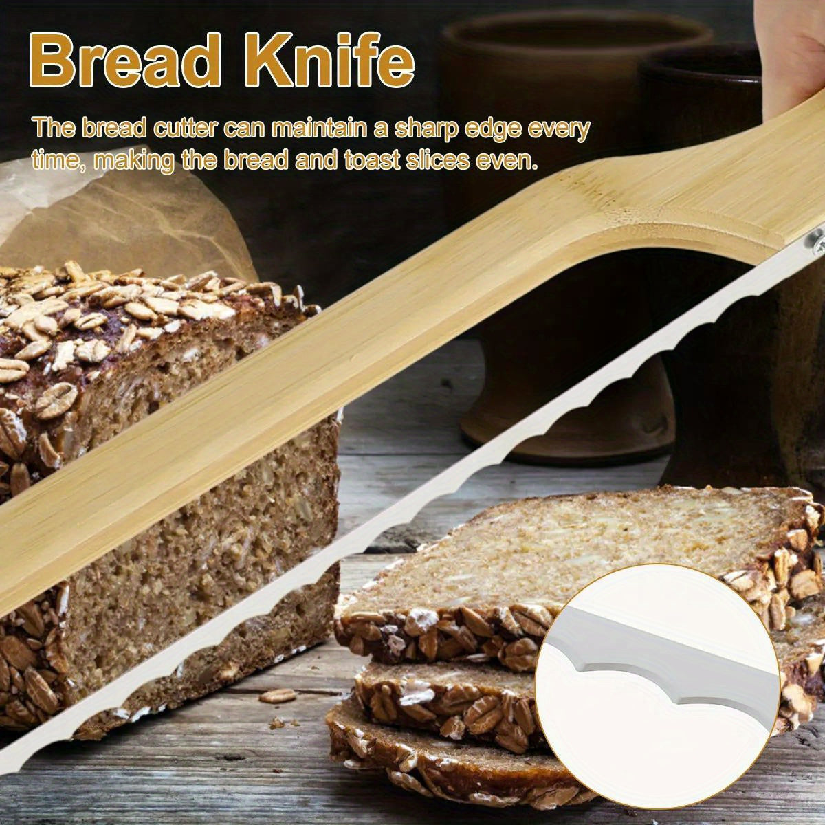 Ergonomic wooden bread cutter with serrated stainless steel blade ideal for sourdough bagels