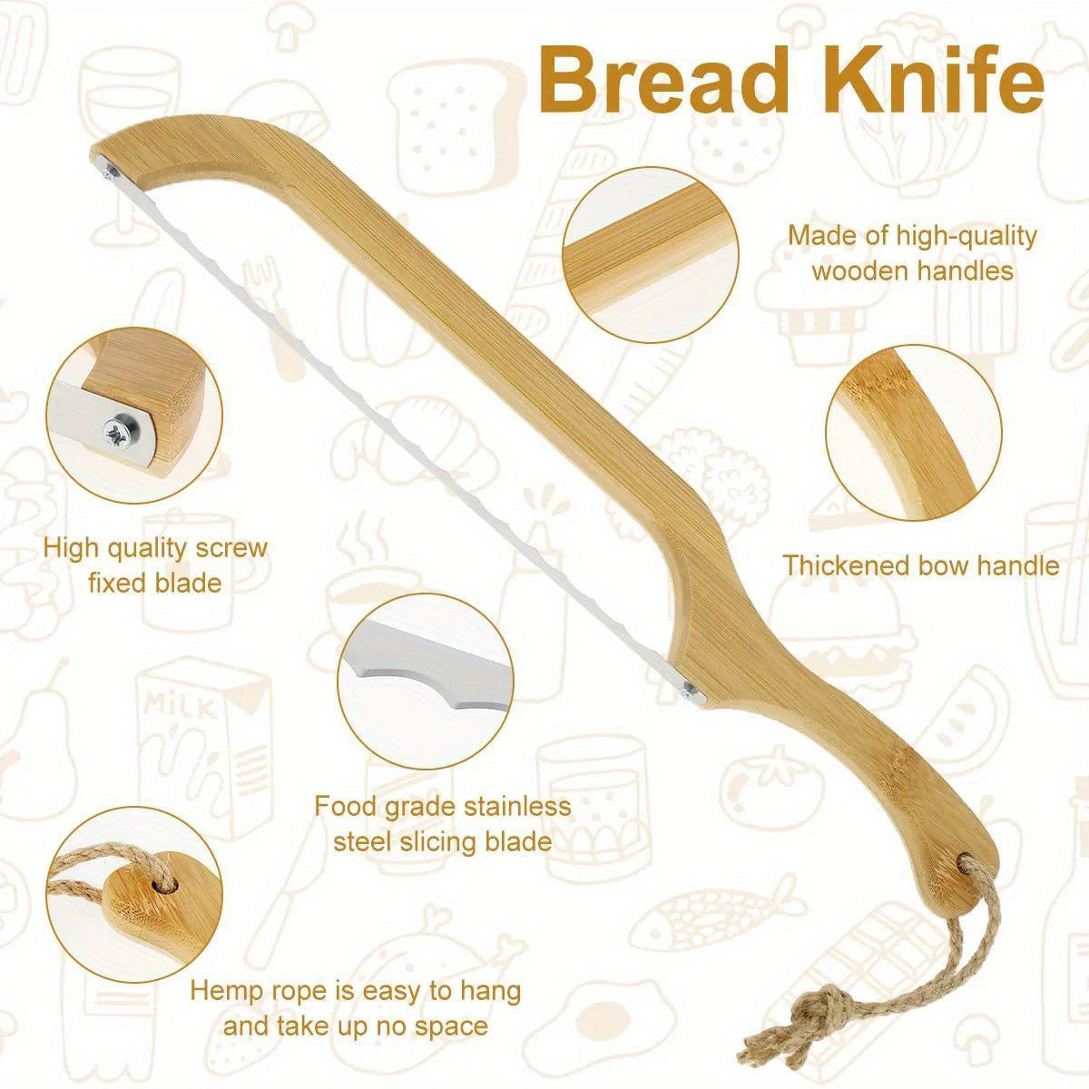 Ergonomic wooden bread cutter with serrated stainless steel blade ideal for sourdough bagels