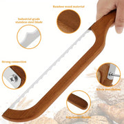 Ergonomic wooden bread cutter with serrated stainless steel blade ideal for sourdough bagels