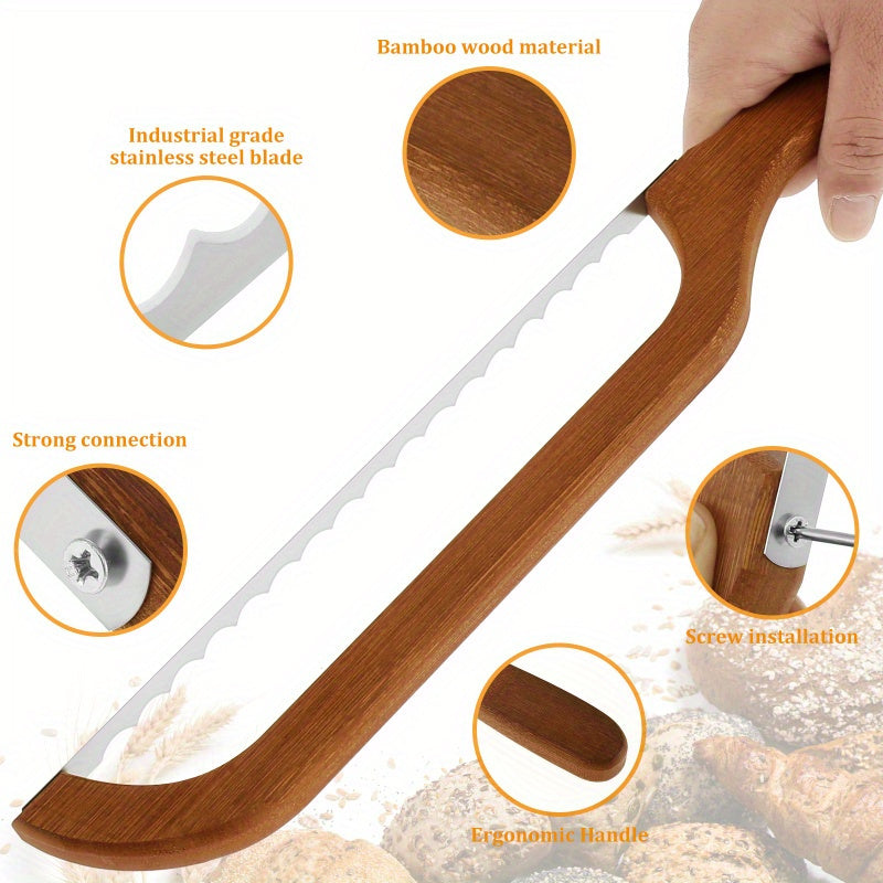 Ergonomic wooden bread cutter with serrated stainless steel blade ideal for sourdough bagels