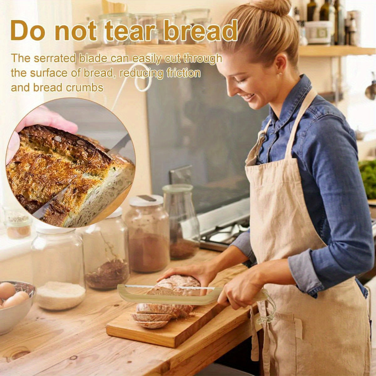 Ergonomic wooden bread cutter with serrated stainless steel blade ideal for sourdough bagels