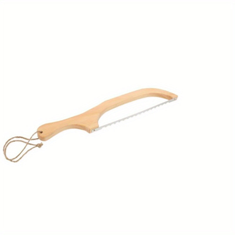 Ergonomic wooden bread cutter with serrated stainless steel blade ideal for sourdough bagels
